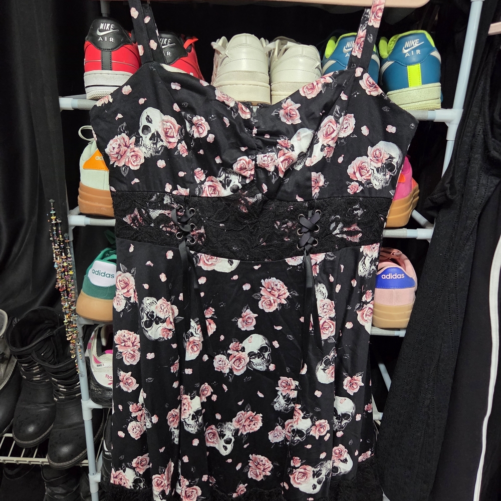 Hot Topic Black Dress with Pink Floral Skull Design. Size XL